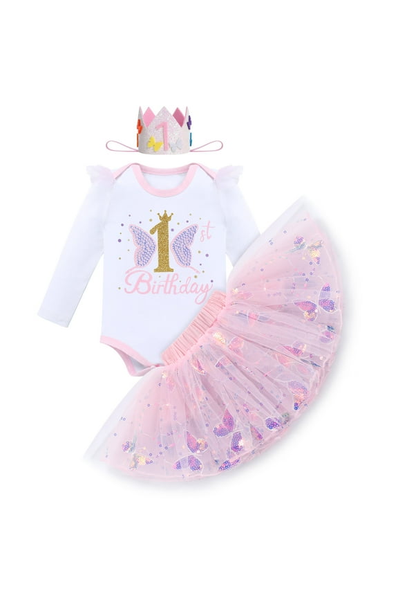 Baby Girl 1st Cake Smash Birthday Outfit Sequin Butterfly Romper Tutu Skirt with Headband