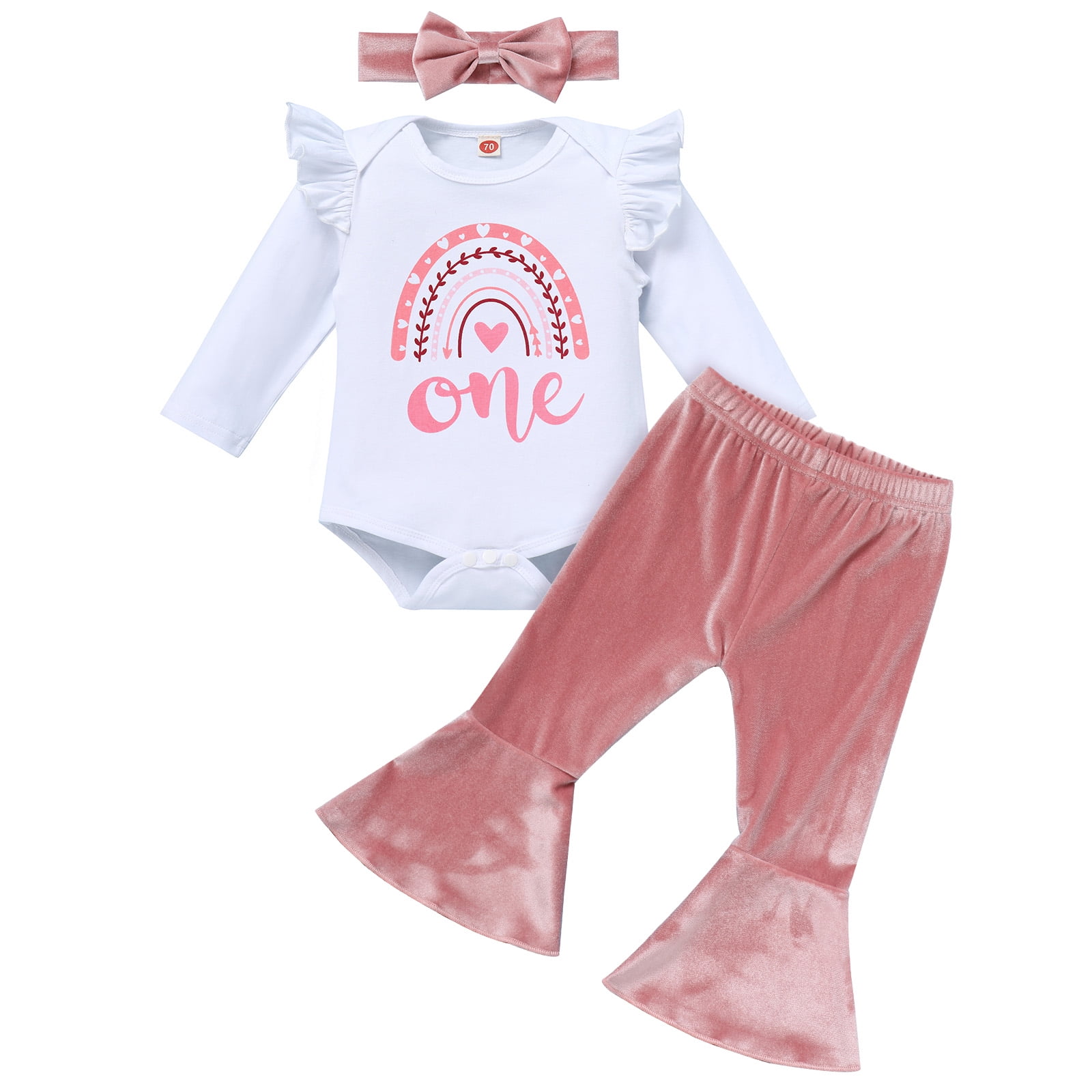 IDOPIP Baby Girls 1st Birthday Outfit Rainbow One Romper+ Velvet Bell Bottoms Cake Smash Outfits