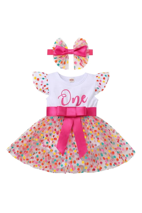 Baby Girls 1st Birthday Outfit Rainbow Polka Dots Princess Party Tutu Dress with Headband