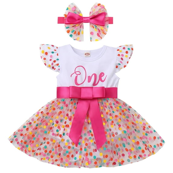 IDOPIP Baby Girls 1st Birthday Outfit Rainbow Polka Dots Princess Party Tutu Dress with Headband