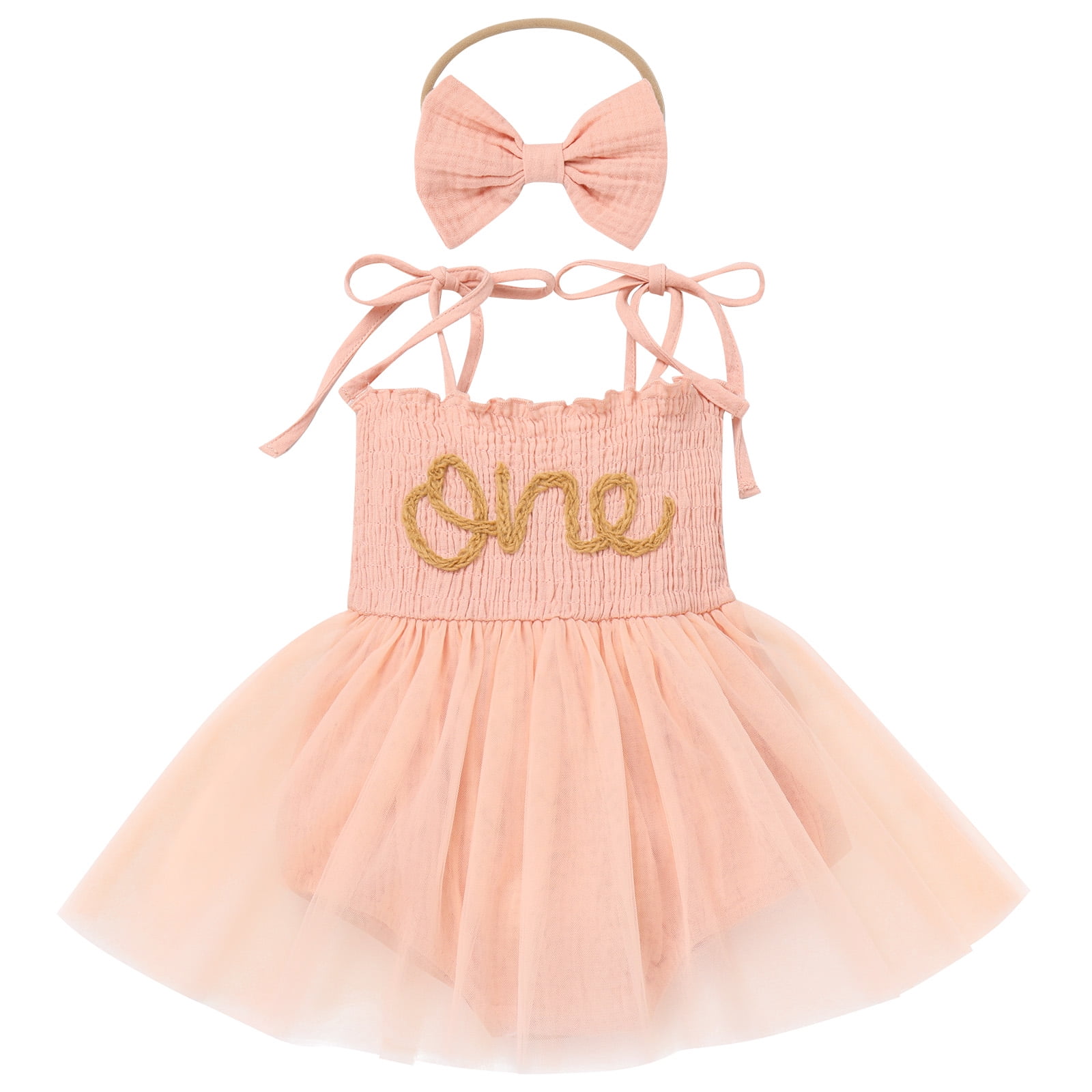 IDOPIP Baby Girls 1st Birthday Outfit Spaghetti Straps Romper Dress with Headband Cake Smash Outfit