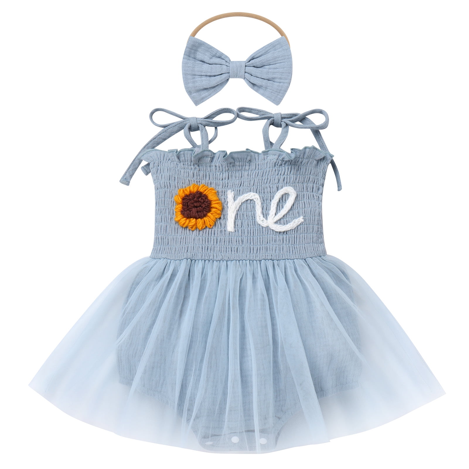 IDOPIP Baby Girls 1st Birthday Outfit Spaghetti Straps Romper Dress with Headband Cake Smash Outfit