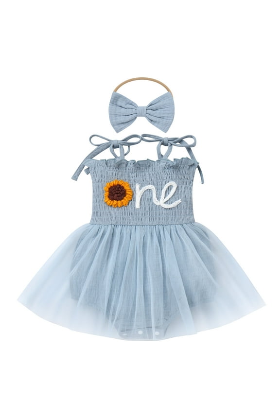 Baby Girls 1st Birthday Outfit Spaghetti Straps Romper Dress with Headband Cake Smash Outfit