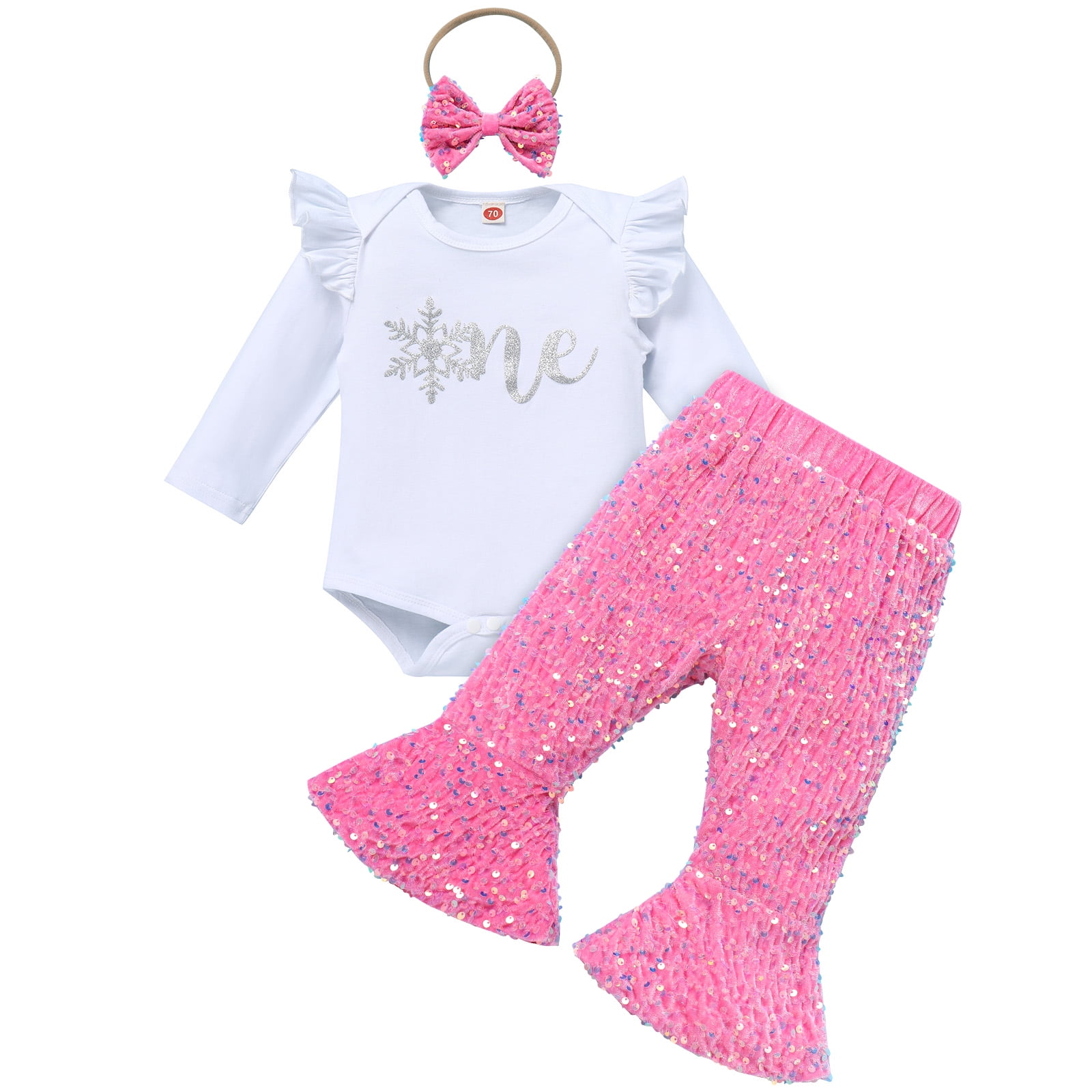 IDOPIP Baby Girls First Birthday Outfit Winter Snowflake Onesie Romper+ Pink Sequin Pants Cake Smash Outfits