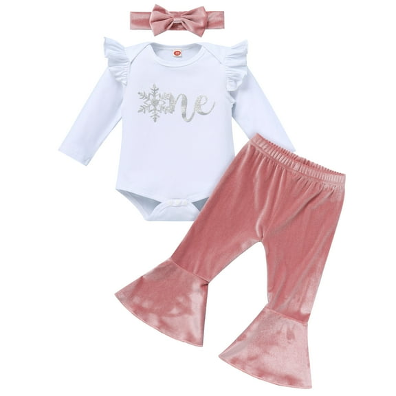 IDOPIP Baby Girls 1st Birthday Outfit Winter Snowflake One Romper+ Velvet Bell Bottoms Cake Smash Outfits