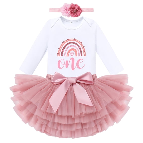 IDOPIP Baby Girls Boho Rainbow 1st 2nd Birthday Outfit Long Sleeve Romper Tutu Skirt Set with Headband Fall Dress Clothes for Cake Smash Photo Prop 1 Year Dusty Pink One   Flower (Long Sleeve)