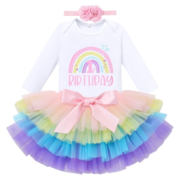 IDOPIP Baby Girls Boho Rainbow 1st Birthday Outfit Long Sleeve Romper Tutu Skirt Set with Headband Fall Dress Clothes for Cake Smash Photo 1 Year Rainbow 1st Birthday   Flower (Long Sleeve)