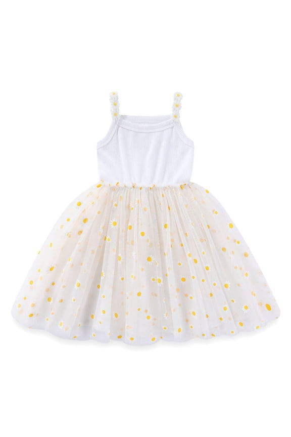 Baby Girls Daisy Flower Tutu Dress Spaghetti Straps Layered Tulle Sundress 12-18 Months White