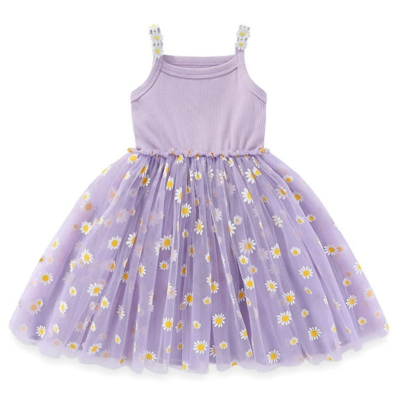 IDOPIP Baby Girls Daisy Flower Tutu Dress Spaghetti Straps Layered Tulle Sundress 3-4 Years Purple