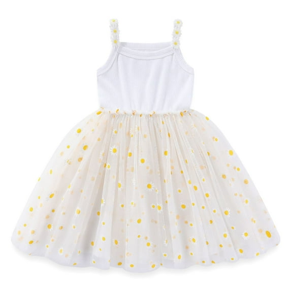IDOPIP Baby Girls Daisy Flower Tutu Dress Spaghetti Straps Layered Tulle Sundress 3-4 Years White