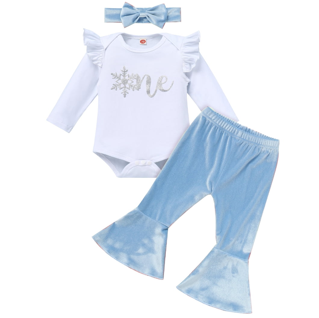 IDOPIP Baby Girls First Birthday Outfit Winter Snowflake One Romper+ Velvet Bell Pants Cake Smash Outfits