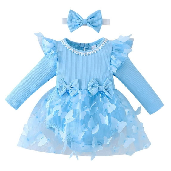IDOPIP Baby Girls Long Sleeve Butterfly Tulle Romper Ribbed Ruffle Tutu Dress with Bowknot Headband