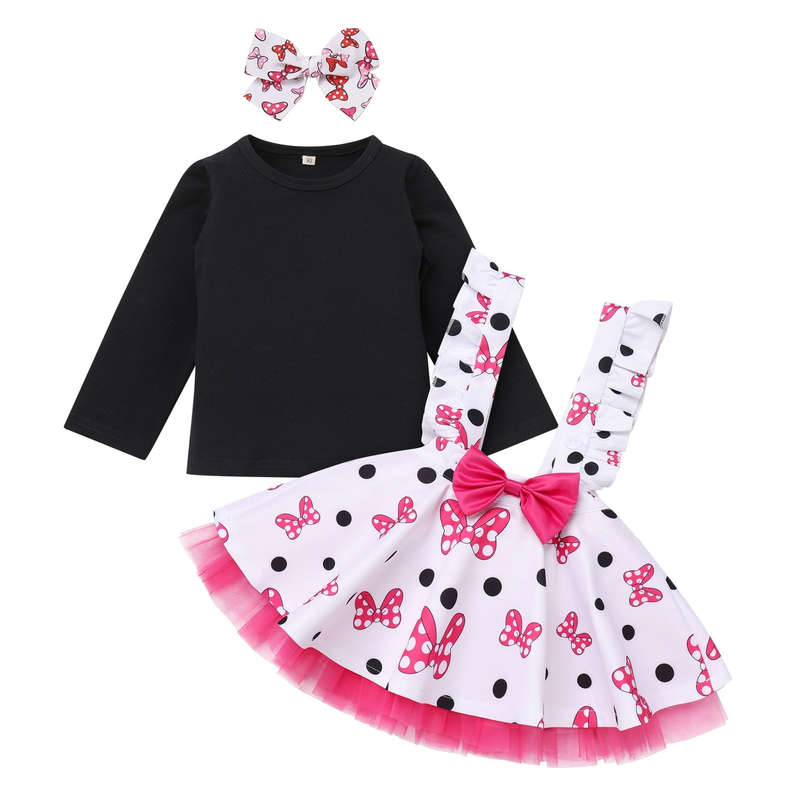 IDOPIP Baby Girls Mouse Birthday Outfit Shirt Overalls Skirt Headband 3-4 Years Black