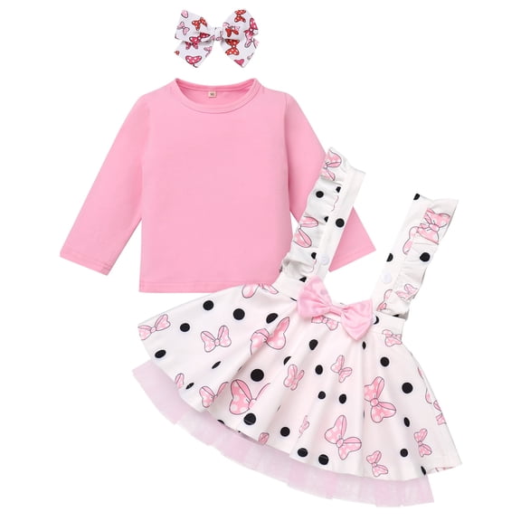 IDOPIP Baby Girls Mouse Birthday Outfit Shirt Overalls Skirt Headband 3-4 Years Pink