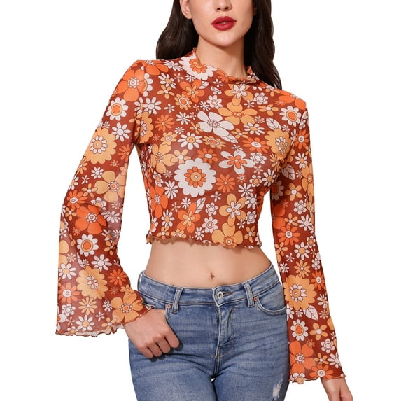 IDOPIP Bell Sleeve Tops for women Lettuce Trim Mock Neck Floral Mesh Top Crop T Shirt S-XL