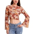 thumbnail image 1 of IDOPIP Bell Sleeve Tops for women Lettuce Trim Mock Neck Floral Mesh Top Crop T Shirt S-XL, 1 of 10