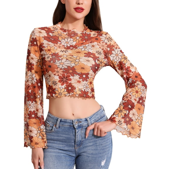 IDOPIP Bell Sleeve Tops for women Lettuce Trim Mock Neck Floral Mesh Top Crop T Shirt S-XL