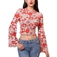 thumbnail image 1 of IDOPIP Bell Sleeve Tops for women Lettuce Trim Mock Neck Floral Mesh Top Crop T Shirt S-XL, 1 of 9