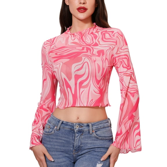 IDOPIP Bell Sleeve Tops for women Lettuce Trim Mock Neck Floral Mesh Top Crop T Shirt S-XL