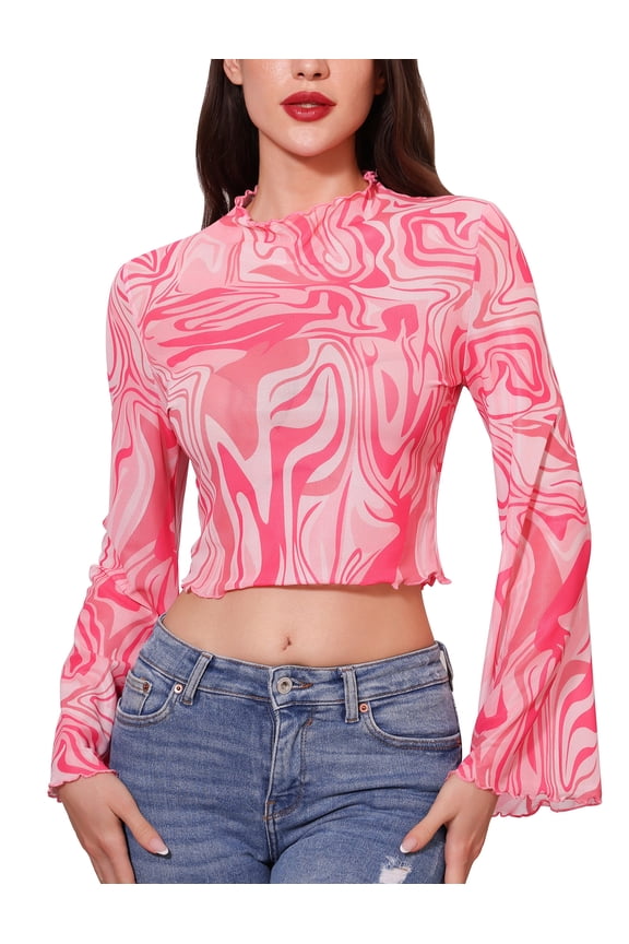 Bell Sleeve Tops for women Lettuce Trim Mock Neck Floral Mesh Top Crop T Shirt S-XL