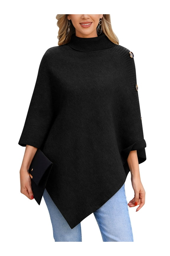 Black Sweater for Women Dressy Winter Turtle Neck Poncho Sweater Elegant Warm Knitted Pullover Size F 2025