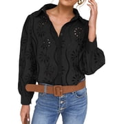 IDOPIP Black Tops for Women Trendy Fashion Chic Semi Formal Long Sleeve Blouse Floral Eyelets Loose Fit T-Shirt Size S