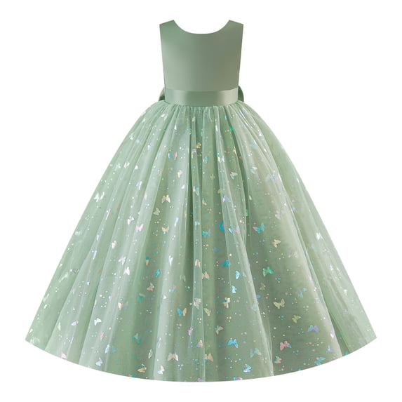 IDOPIP Butterfly Flower Girl V-Back Bow Dress for Kid Wedding Pageant Party Shiny Bownkot V-backless Tulle Dress Wedding Bridesmaid Pageant Party Long Maxi Gown 3-4 Years Sage Green
