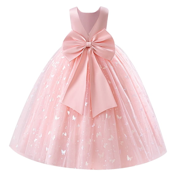 IDOPIP Butterfly Flower Girl V-Back Bow Dress for Kid Wedding Pageant Party Shiny Bownkot V-backless Tulle Dress Wedding Bridesmaid Pageant Party Long Maxi Gown 3-4 Years Pink