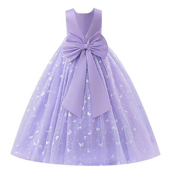 IDOPIP Butterfly Flower Girl V-Back Bow Dress for Kid Wedding Pageant Party Shiny Bownkot V-backless Tulle Dress Wedding Bridesmaid Pageant Party Long Maxi Gown 9-10 Years Purple