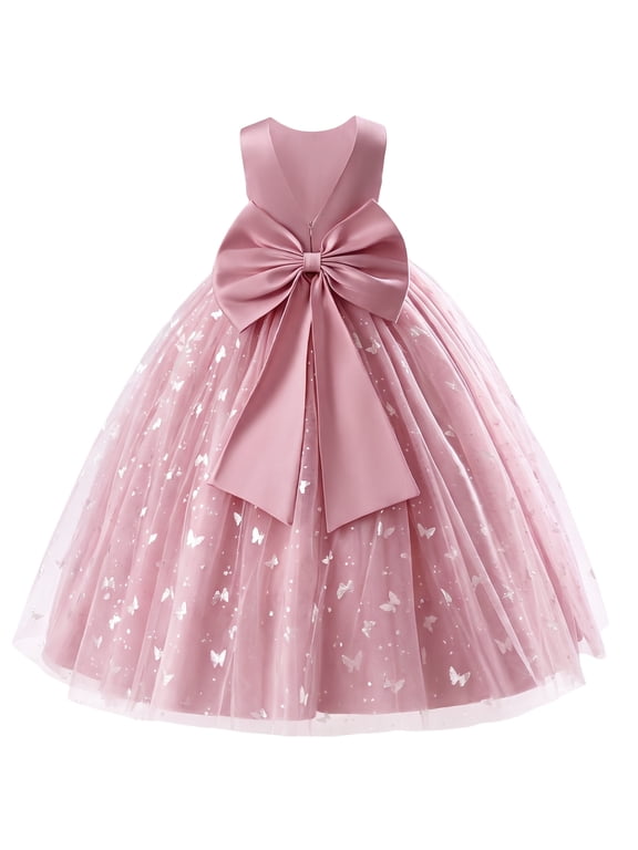 Butterfly Flower Girl V-Back Bow Dress for Kid Wedding Pageant Party Shiny Bownkot V-backless Tulle Dress Wedding Bridesmaid Pageant Party Long Maxi Gown 9-10 Years Dusty Pink