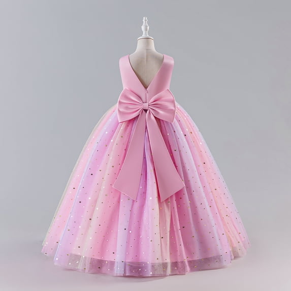 IDOPIP Butterfly Flower Girl V-Back Bow Dress for Kid Wedding Pageant Party Shiny Bownkot V-backless Tulle Dress Wedding Bridesmaid Pageant Party Long Maxi Gown 7-8 Years Pink - Sequin Star