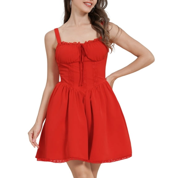 IDOPIP Corset Dresses for Women Spaghetti Strap Flare Summer Mini Dress Lace Lace Bustier Sundress