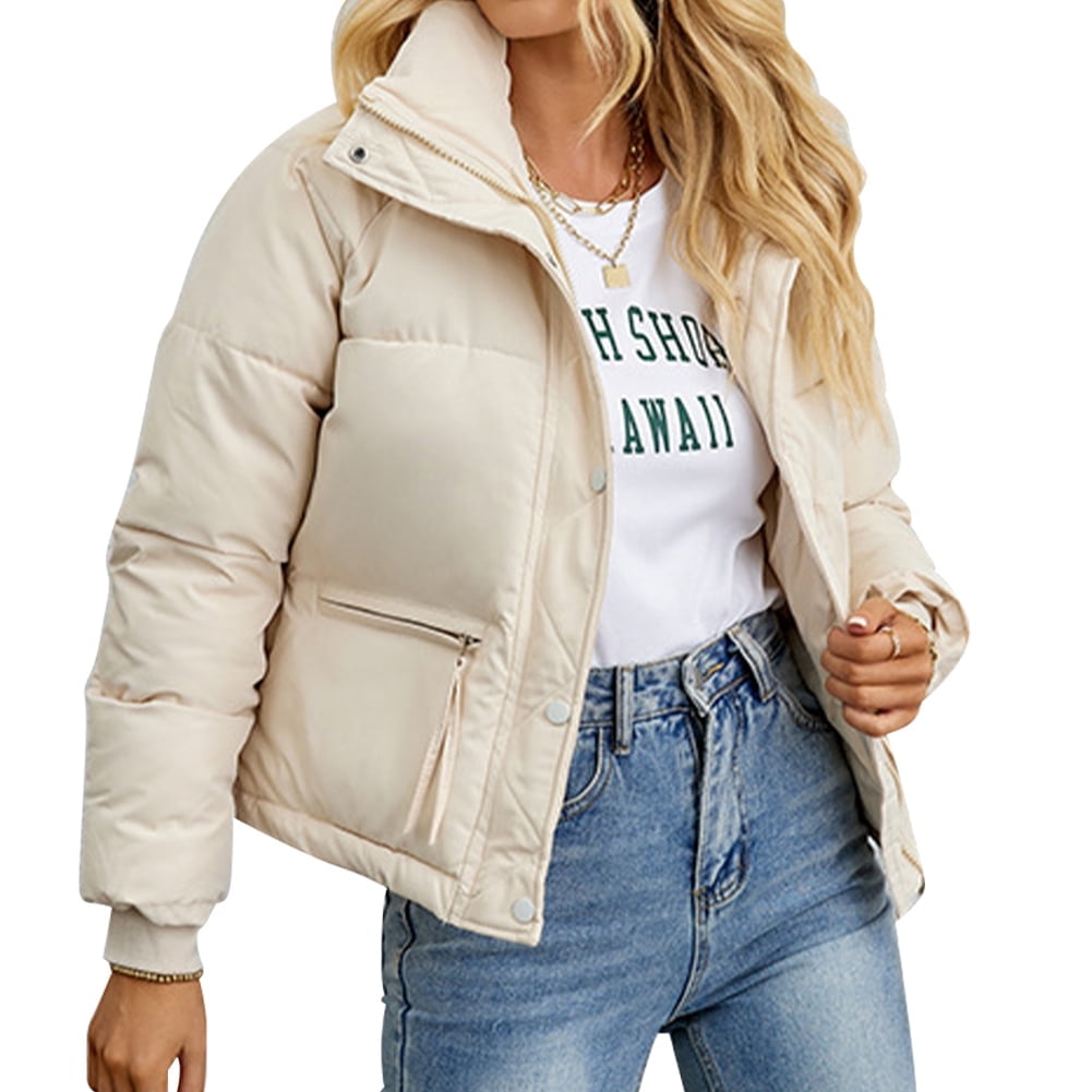 Cropped Puffer Jacket for Women Long Sleeve Lightweight Zip Short Jacket Coat with Pockets