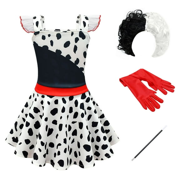 IDOPIP Cruella Deville Costume for Girls Kids Halloween Fancy Dress up Cosplay Black White Dalmatian Dog Dress with Wigs Gloves Cigarette Holder Outfit 6-7 Years Ruffle Sleeve