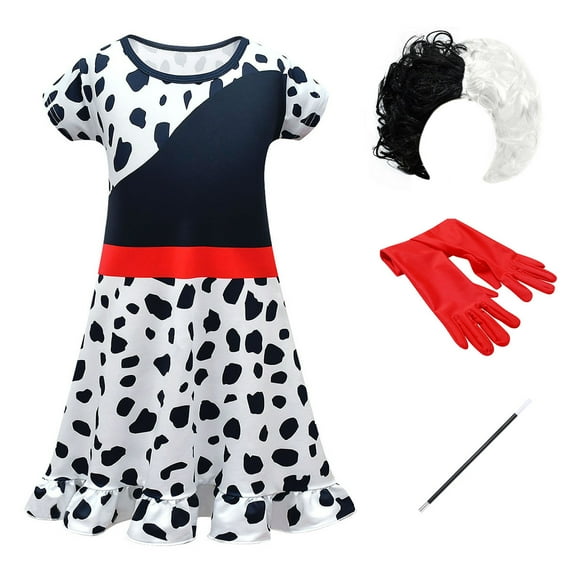 IDOPIP Cruella Deville Costume for Girls Kids Halloween Fancy Dress up Cosplay Black White Dalmatian Dog Dress with Wigs Gloves Cigarette Holder Outfit 6-7 Years Short Sleeve - Ruffle Hem
