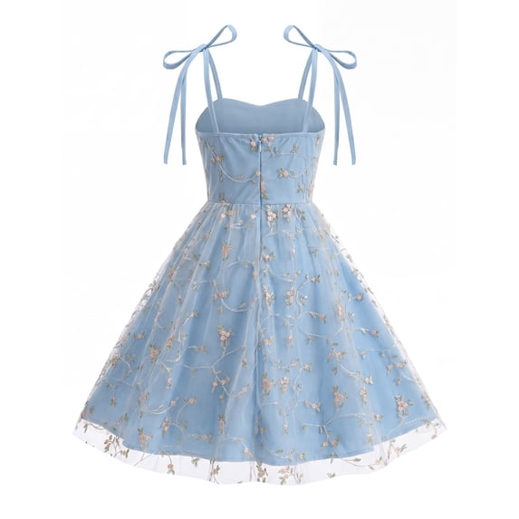 IDOPIP Embroidery Flower Girl Lace Dess for Kids Summer Holiday Party Wedding Bridesmaid Tulle Spaghetti Straps Dresses Princess Pageant Birthday Floral Gown 7-8 Years Light Blue