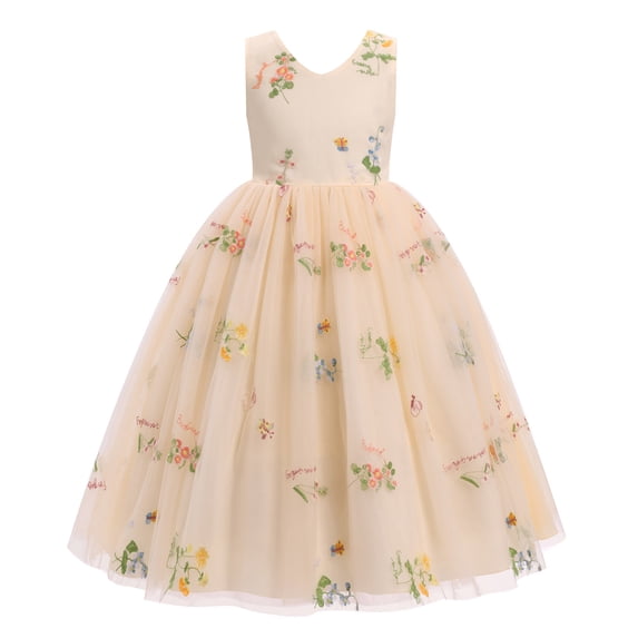 IDOPIP Embroidery Flower Girl Lace Tutu Dress for Kids Wedding Pageant Birthday Party First Communion Dresses Princess Bridesmaid Ball Maxi Gown 9-10 Years Apricot Floral