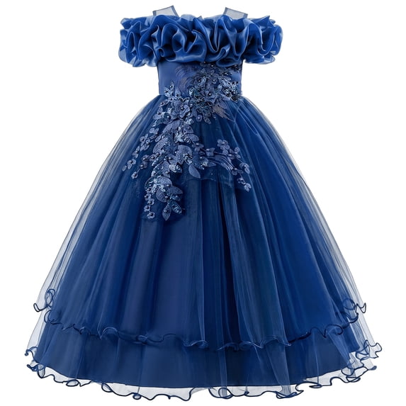 IDOPIP Flower Girl Dress Birthday Party Princess Dress Tulle Pageant Gown Kids Floral Lace Embroidery Formal Bridesmaid Dress Wedding Prom Communion Dresses 7 Years Navy Blue