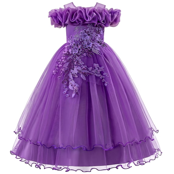 IDOPIP Flower Girl Dress Birthday Party Princess Dress Tulle Pageant Gown Kids Floral Lace Embroidery Formal Bridesmaid Dress Wedding Prom Communion Dresses 12 Years Dark Purple