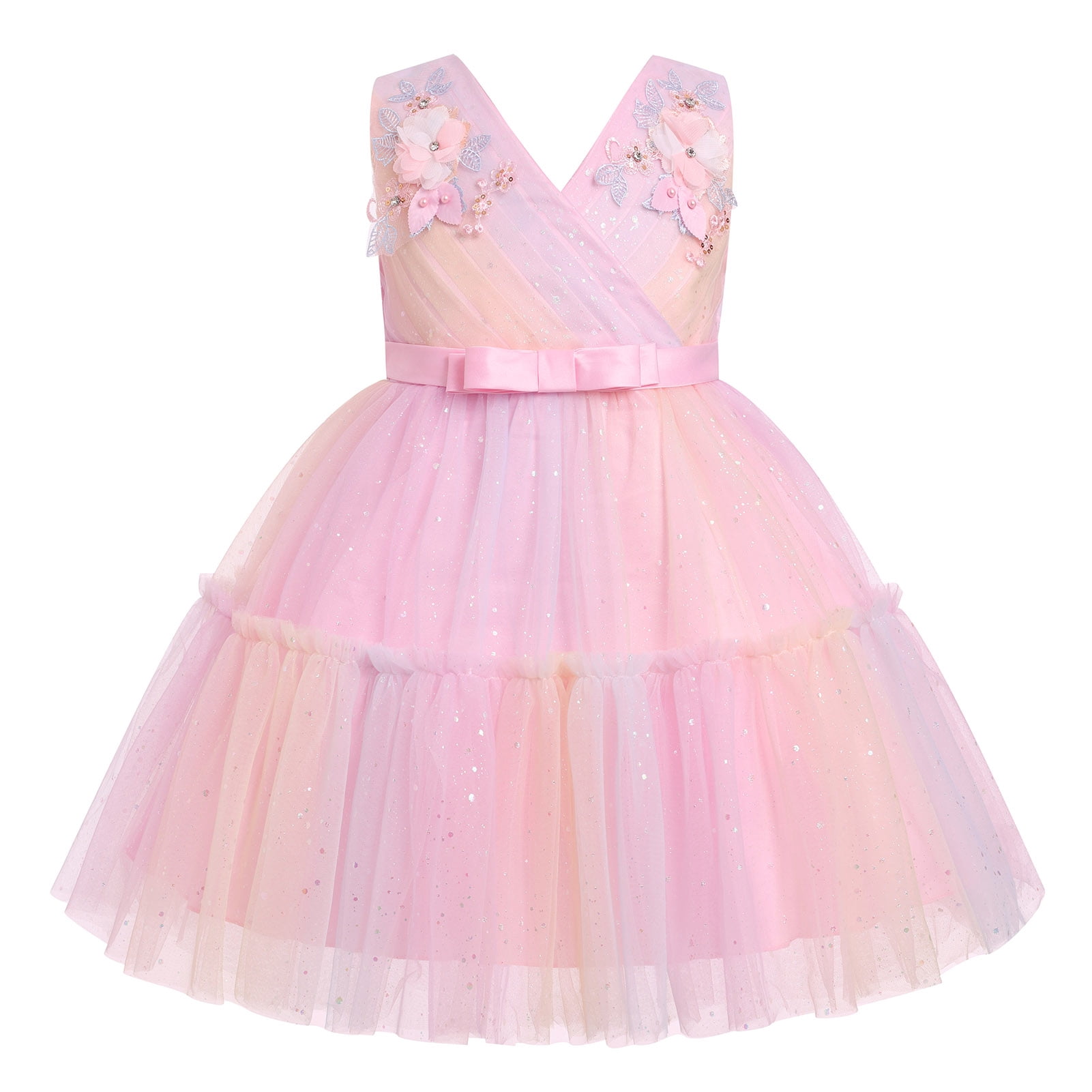 Pink Ruffle Party Dress IDOPIP Flower Girl Dresses Baby Kids V-Neck Wedding Sleeveless Tulle ...