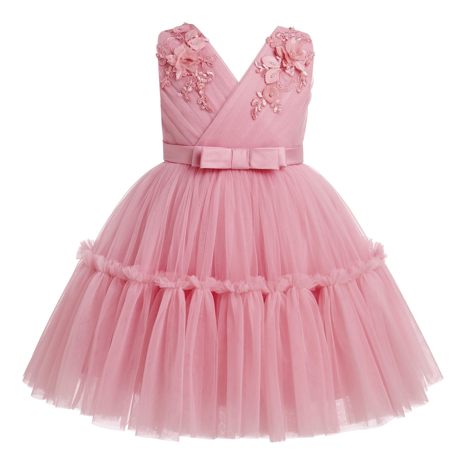 Pink Ruffle Party Dress IDOPIP Flower Girl Dresses Baby Kids V-Neck Wedding Sleeveless Tulle ...