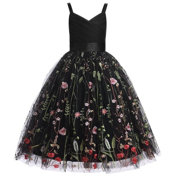 IDOPIP Flower Girl Dresses for Wedding Spaghetti Strap Tulle Princess Pageant Birthday Party Gown 6-14Y Black Floral