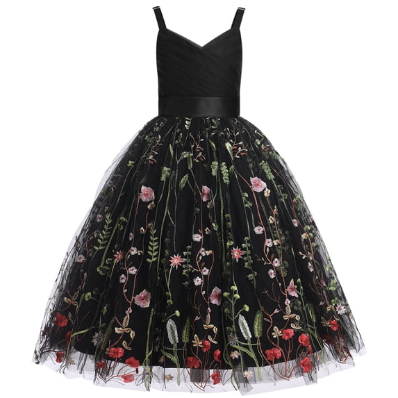 IDOPIP Flower Girl Dresses for Wedding Spaghetti Strap Tulle Princess Pageant Birthday Party Gown 6-14Y Black Floral