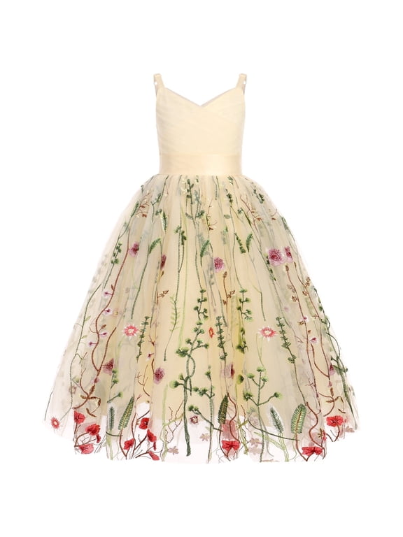 Flower Girl Dresses for Wedding Spaghetti Strap Tulle Princess Pageant Birthday Party Gown 6-14Y Apricot Floral