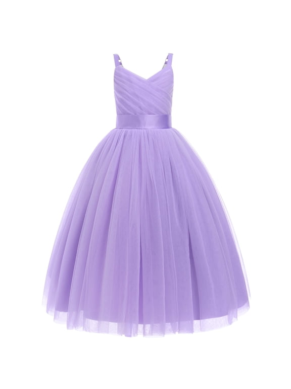 Flower Girl Dresses for Wedding Spaghetti Strap Tulle Princess Pageant Birthday Party Gown 6-14Y Light Purple