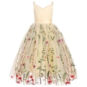 IDOPIP Flower Girl Dresses for Wedding Spaghetti Strap Tulle Princess Pageant Birthday Party Gown 6-14Y Apricot Floral