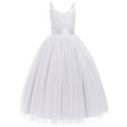 IDOPIP Flower Girl Dresses for Wedding Spaghetti Strap Tulle Princess Pageant Birthday Party Gown 6-14Y White