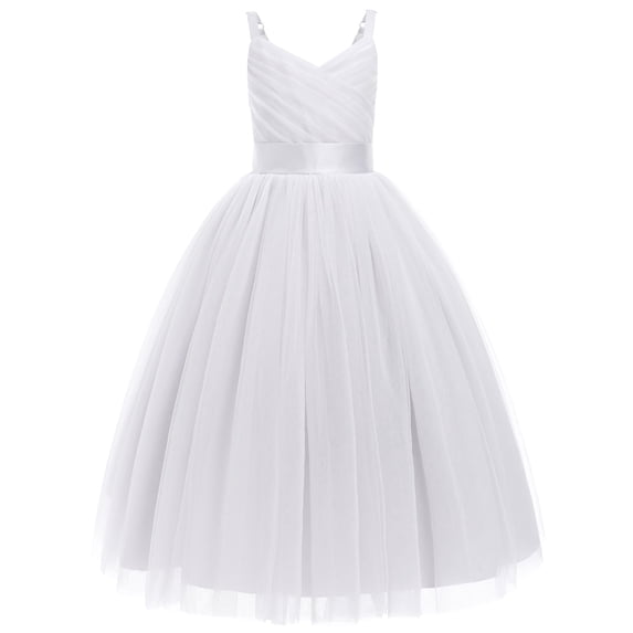 IDOPIP Flower Girl Dresses for Wedding Spaghetti Strap Tulle Princess Pageant Birthday Party Gown 6-14Y White