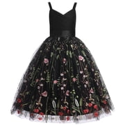 IDOPIP Flower Girl Dresses for Wedding Spaghetti Strap Tulle Princess Pageant Birthday Party Gown 6-14Y Black Floral