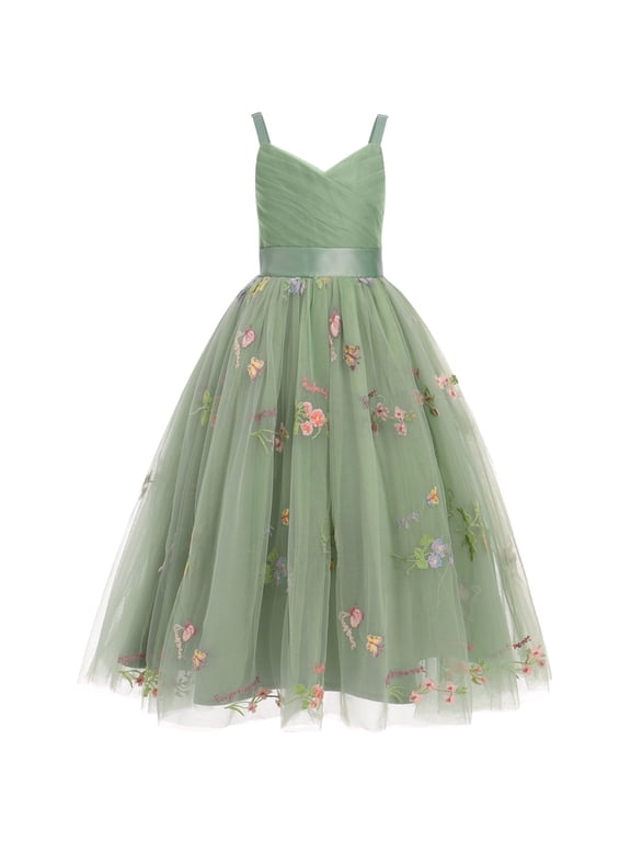 Flower Girl Dress for Wedding Pleated V Neck Satin Tulle Princess Dress Junior Bridesmaids Pageant Formal Ball Gown 6-14Y Green Floral